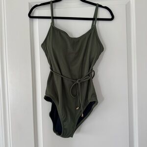 LOFT Olive Green Ribbed One-Piece Swimsuit with Waist Tie size small NWT
